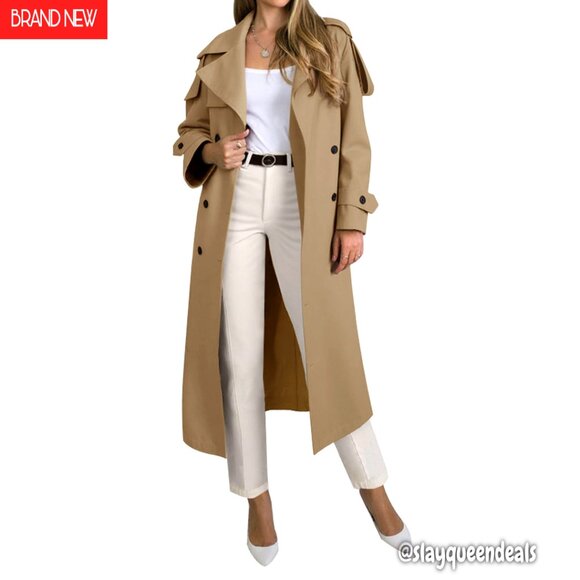 Long Trench Coat Double Breasted Oversized Windproof Overcoat with Belt